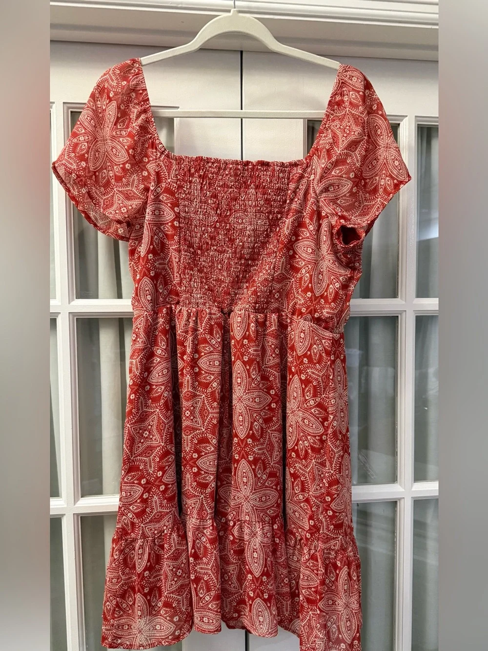 Juniors' Red Printed Puff-Sleeve Ruffle Dress